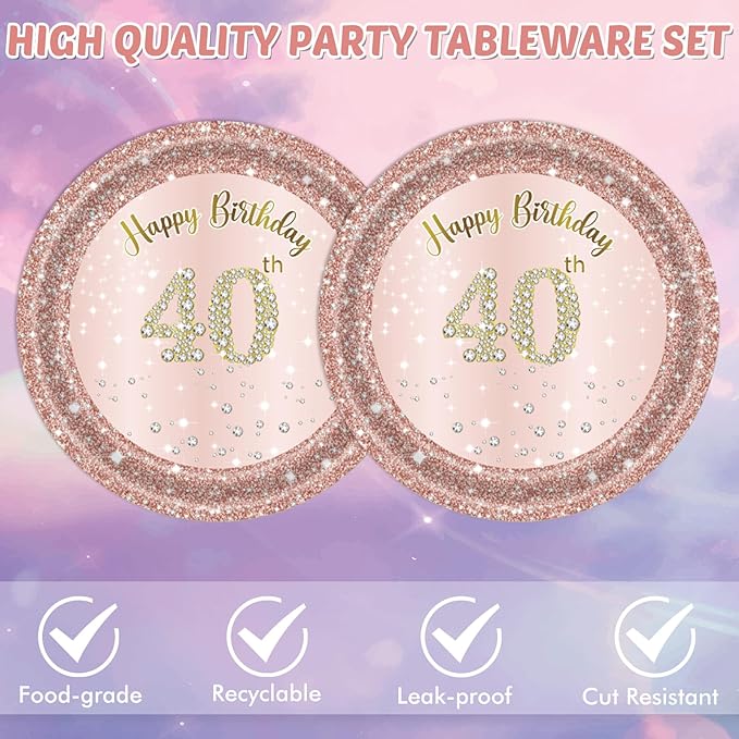 40 PCS 40th Birthday Decorations for Women 40th Birthday Plates and Napkins Set Forty Year Old Party Disposable Tableware set for Rose Gold 1986 40th Birthday Decorations