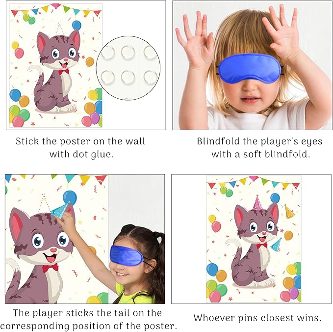 Morcheiong Pin The Tail on The Cat Birthday Party Game with 48 Hats, Cat Themed Birthday Party Favors Supplies Decorations for Kids