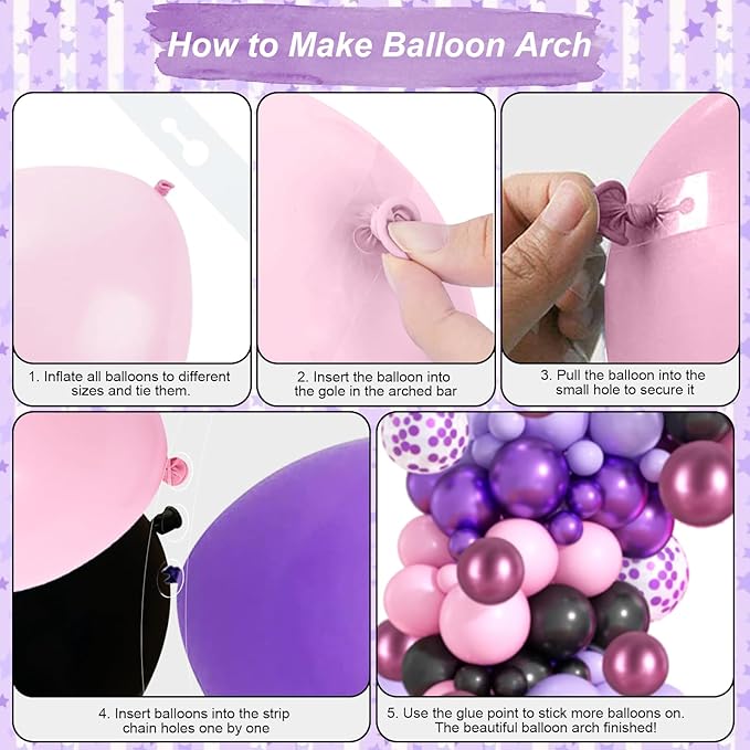 Pink and Purple Balloon Garland Arch Kit, Black Purple Pink Metallic Confetti Latex Party Balloons with Explosion Star Foil Balloon for Girls Bridal Baby Shower Wedding Birthday Party Decorations