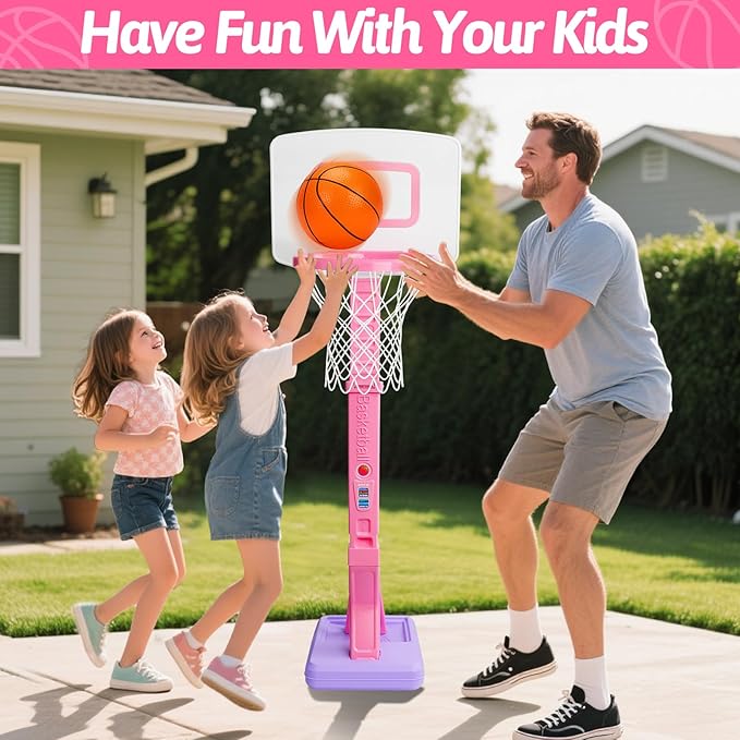 Toddler Pink Basketball Hoop for Age 1-3, Adjustable Kids Basketball Hoop with 3 Balls Indoor Outdoor Play Mini Poolside Basketball Goal Sport Toys Birthday Easter Gift for 1 2 3 4 Year Old Baby Girl
