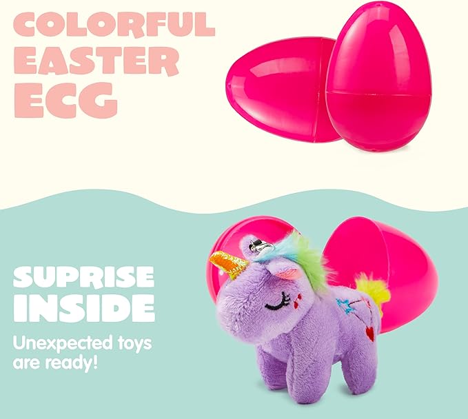 JOYIN 12 Pcs Filled Easter Eggs with Plush Unicorn, Bright Colorful Eggs Prefilled with Variety Plush Unicorn for Kids Toddlers Easter Hunt, Basket Stuffers and Party Favors