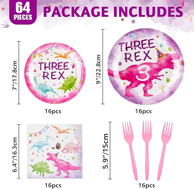 WERNNSAI Dinosaur 3rd Party Decorations - 64PCS Dinosaur Plates Napkins and Forks Set Three Rex Birthday Decorations for Kids Girls 3 year old Birthday Decorations Serves 16 Guests