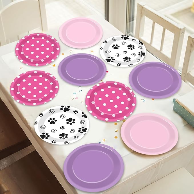 48Pcs Pink Paw Print Party Paper Plates for Dog Birthday Party Decorations 7" Puppy Dog Girl Party Disposable Dessert Plates for Pink Dog Themed Girls Birthday Baby Shower Party Supplies Favors