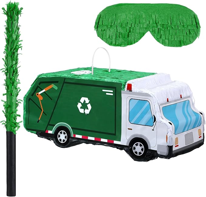 Garbage Truck Piñata 3D Trash Truck Birthday Decorations with a Blindfold and Bat for Kids Girls Boys Gift Holiday Piñata Party Baby Shower Supplies