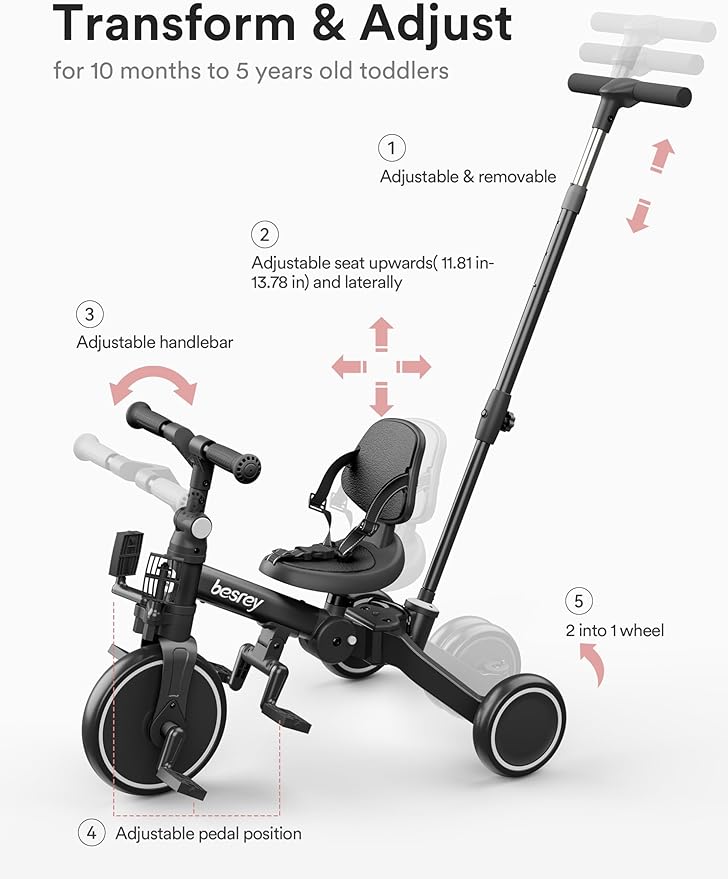 besrey 4 in 1 Toddler Bike, Toddler Tricycle for 1-3 Year Old, Trike with Push Handle, Backrest and Safety Belt, Birthday Gifts and Toys for Boys and Girls, Balance Bike (Black)
