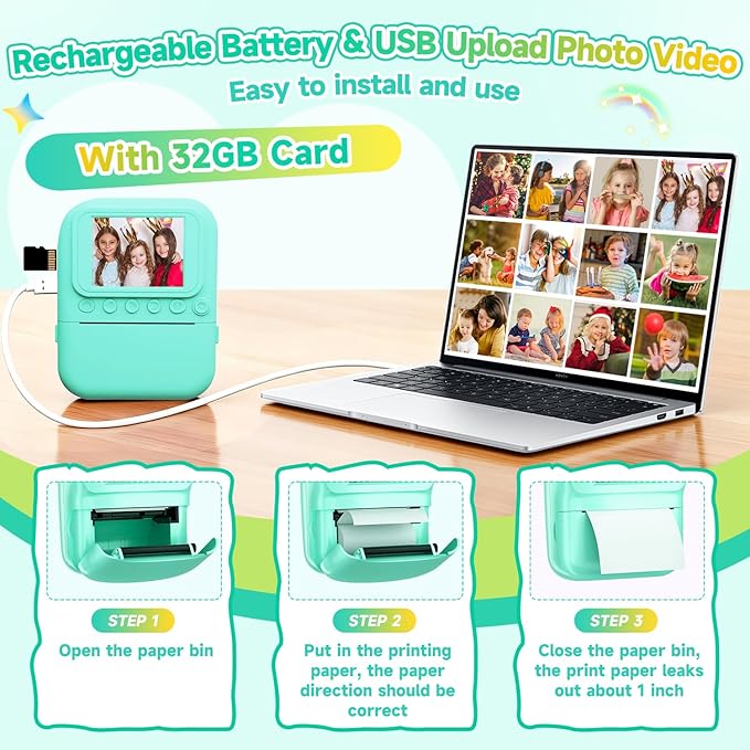 Kids Camera Instant Print Camera for Kids, Toddler Camera Toys for 3 4 5 6 7 8 Year Old Girls Boys Christmas Birthday Gifts, Kids Digital Camera Instant Print Color Photos 5 Rolls Paper 32GB, Green