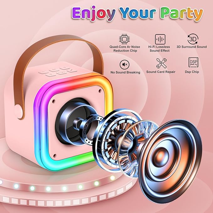 Mini Karaoke Machine for Kids, Girl Toys Gifts, Kids Karaoke Wireless Microphone for 4,5,6,7,8,9,10,11,12 Years Old Boys and Girls Christmas Party Gifts Toys (Pink)