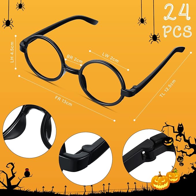 72 Pcs Wand Pencils and Glasses Wizard Halloween Party Favors, Including 24 Wizard Wand Pencils and 24 Plastic Costume Glasses Frame with 24 Storage Bags for Kids Theme Party Supplies