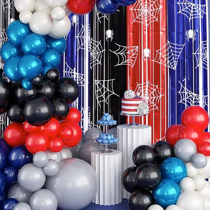 Spider Web Party Decor Kit with 15 Balloons - 2 Pack 3.3x6.6ft Gothic Tinsel Fringe Curtains Backdrop, Cobweb Photo Booth Props, Halloween Birthday Party Decorations in Red, Blue & Black