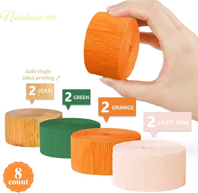 Little Cutie Baby Shower Decorations, 8 Rolls Citrus Orange Green Pink Gold Crepe Paper Streamers, 82 ft Long