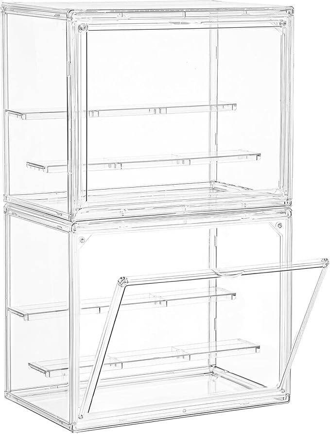 Small Acrylic Display Case for Collectibles 3 Layer Adjustable Display Case with Magnetic Door Clear Stackable Display Box for Mini Figures, 2 Pack