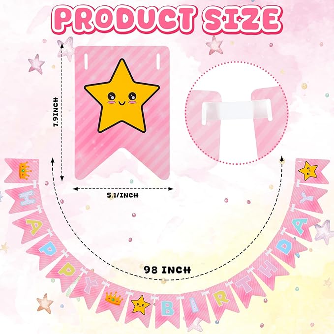 Ctosree Pink Princess Party Supplies 8.2ft Happy Birthday Banner Signs Pink Crown and Star Flag Hanging Bunting Banner Flag for Valentine's Galentine's Photo Props Birthday Party Decoration