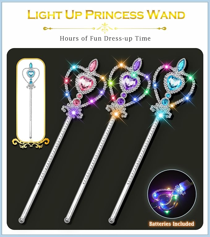 Princess Crown Tiara for Little Girls Princess Dress Up Accessories, Light Up Tiara Wand Toy Gifts for 3-6 Girl