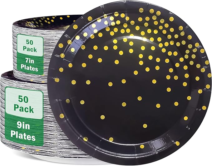 Black and Gold Party Supplies,Black Paper Dessert Plates,100 Pack - 50 x 9 and 50 x 7 Dinner Plates,Disposable Dinnerware Gold Dot Paper Plate for Birthday Retirement Anniversary Party