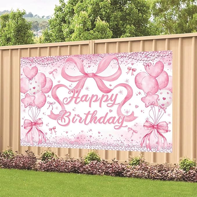 Cute Pink Bownot Birthday Party Backdrop Pink Bow Balloon Happy Birthday Banner Photography Background for Girls Teens Party Supplies 70.8 x 47.2 Inch