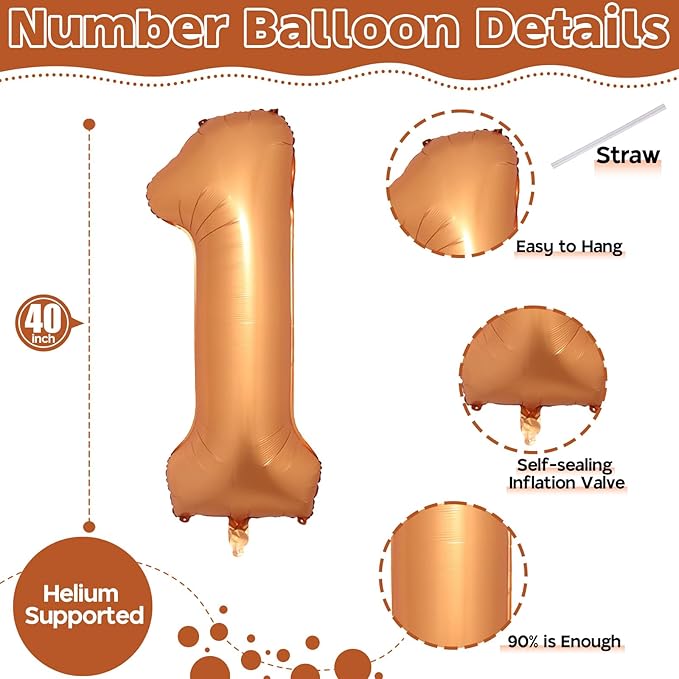 Orange Number 1 Balloon, Large Self Inflating Foil Number Balloons 1 Decor, 40 Inch Helium 1 Number Balloon for Girls Boys 1st Birthday Baby Shower Anniversary Celebration Party Decorations Supplies