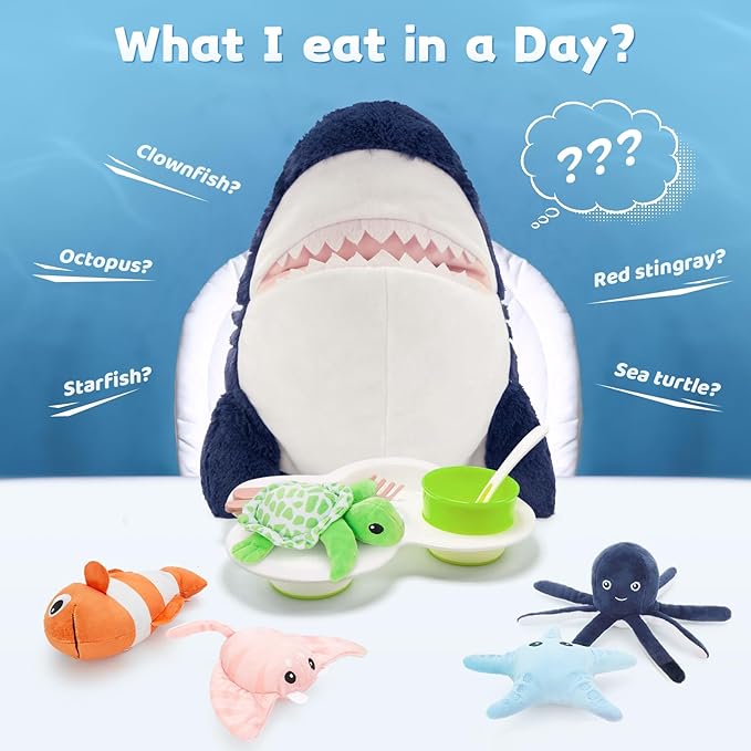 MaoGoLan 6Pcs Soft Shark Stuffed Animals with 5 Sea Animals Inside - Bulk Plush Toys Stuffed Shark Stingray Octopus Turtle Clown Fish Starfish, Kids Party Favors Valentine's Day Gifts Christmas