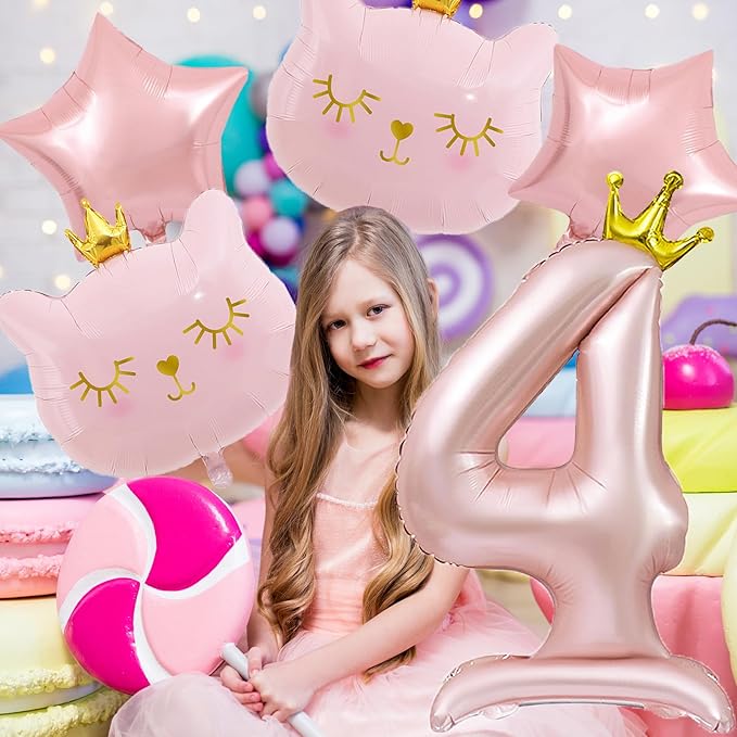 Pink Cat Balloon Set, Crown Cat Foil Balloon, 4 Year Old Girl Birthday Party Decoration, Cat Theme Party Decoration, Theme Party Supplies for Girls Kitten Pet Cat (4)