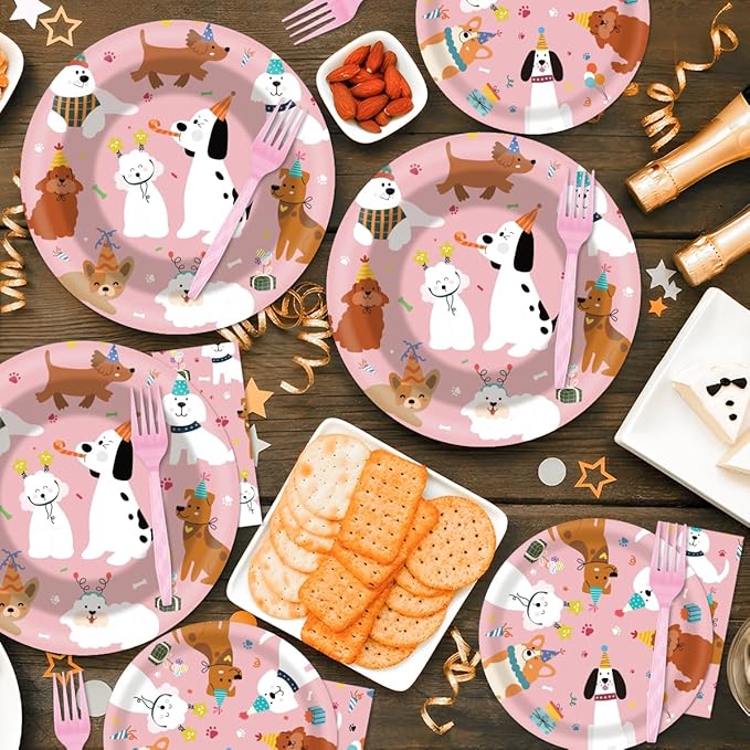 96 Pcs Dog Plates and Napkins Party Supplies, Dog Theme Party Decorations, Pink Puppy Tableware Set Decors Favors Disposable Dinnerware Serve 24 Guests
