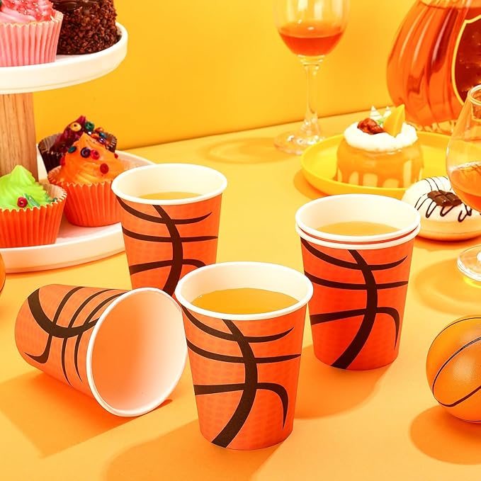 Teling 100 Pieces Basketball Themed Party Paper Cups Disposable 9oz Paper Cups for Sports Supplies Decorations Drinking for Birthday Party Favors