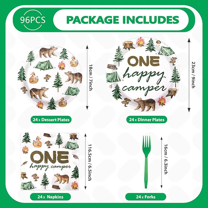 96 Pcs One Happy Camper Birthday Decorations Disposable Happy Camper Paper Plates and Napkins Tableware Set Camping 1st Birthday Party Supplies for Boys Adventure First Birthday Party Decor Serves 24