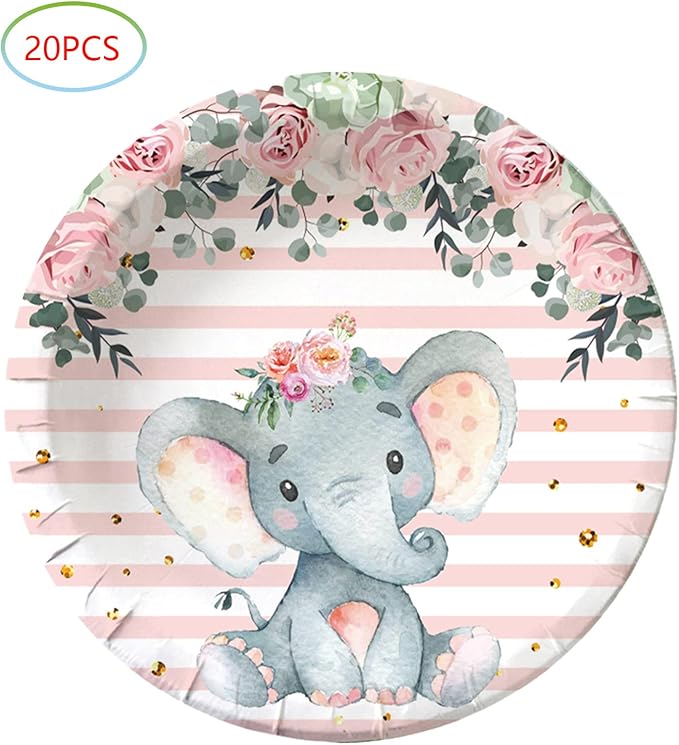 Elephant Baby Shower, Pink Elephant Birthday Party Supplies, 20 Plates and 20 Napkins, Elephant Theme Birthday Party Decoration for Girl