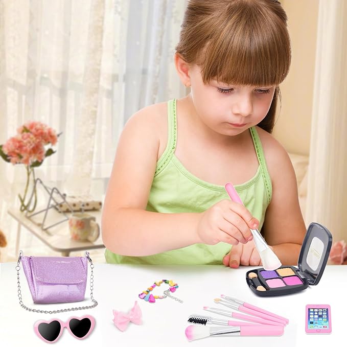 13 Pcs American 18 Inch Doll Accessories and Clothes, Doll Makeup Accessories Set Include Makeup Brush, Eye Shadow,Necklace, Shoulder Bag, Dress,Shoes,Bow Knot Hairpin(No Dolls)