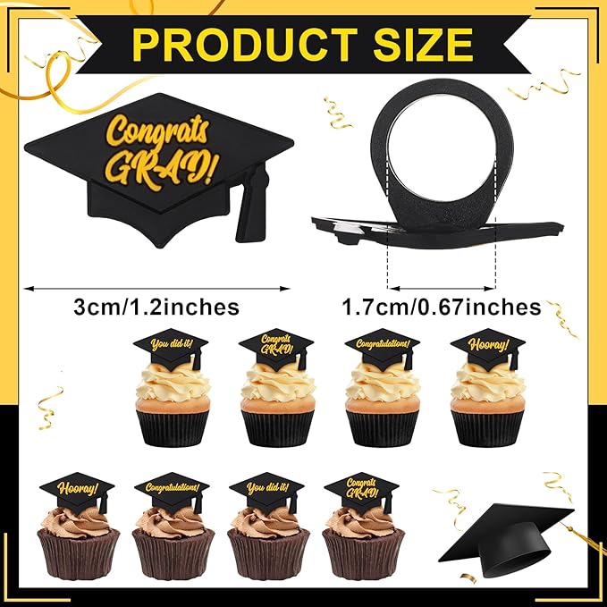 Chuangdi 48 Pieces Graduation Hat Sayings Cupcake Rings 2026 Congrats Grad Cupcake Toppers Rings Black Hat Cake Decorations for Graduation Party Supplies, 4 Styles
