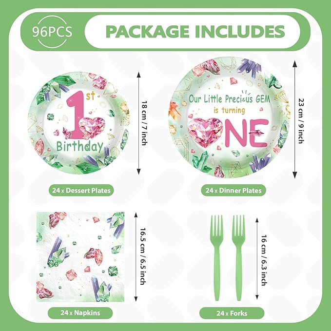 96Pcs 1st Birthday Party Supplies Gem Stone Plates and Napkins Our Little Precious Gem is Turning One Green Crystal Jewel Tableware Sets for 1st Birthday Girl Boy One Year Old Party Serve 24