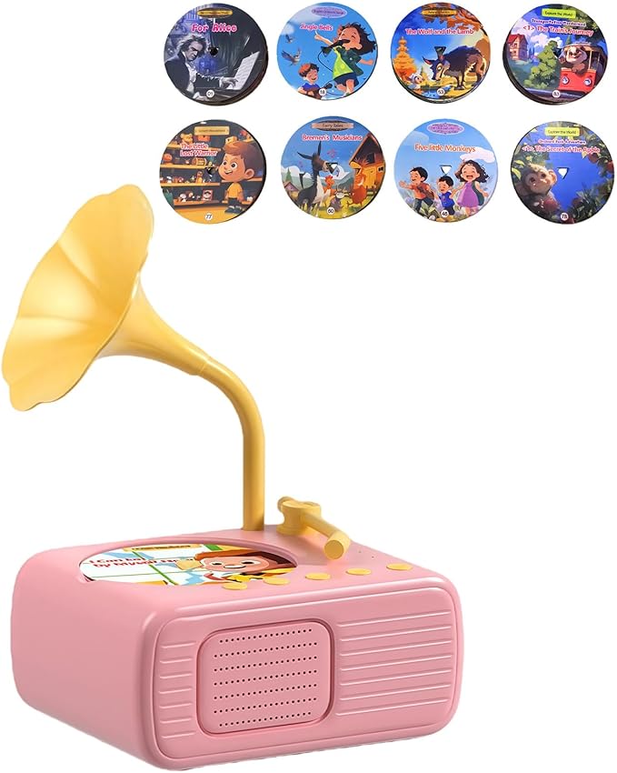 2026 New Kids Phonograph with 96 Audio Cards + 8 DIY Recordable Cards - Toddler Gramophone Record Player - Early Education Phonograph Story Machine-Bedtime Story Music Player (Pink)