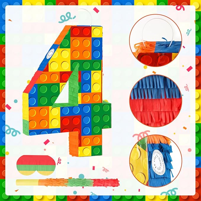 Hooqict Building Blocks 4th Birthday Party Decorations Number 4 Pinata with Pinata Stick & Blindfold for Kids Girls Boys Happy Birthday Building Block Theme Party Supplies Carnival Games