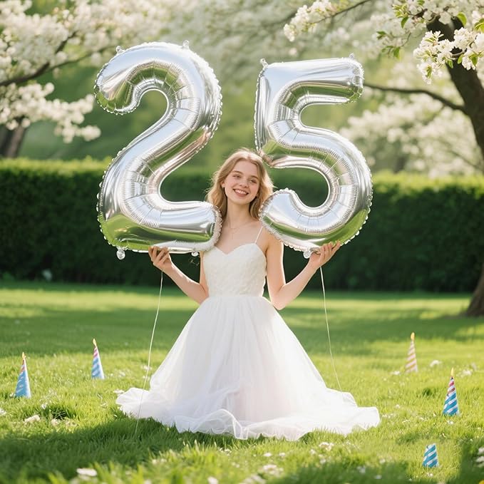 40 Inch Silver Number 25 Digital Balloon,Jumbo Mylar Foil Helium Balloon for 25 Balloons for Birthday Party,Wedding Anniversary Party Decorations