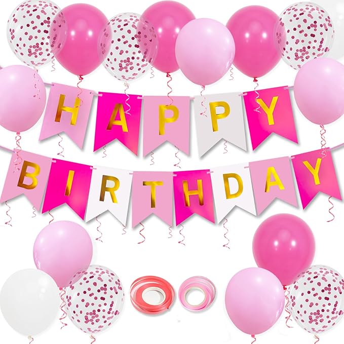 Pink Birthday Decorations, Happy Birthday Banner, 16 pcs 12 inch Balloons with 2 Ribbons for Girl and Women Party Decoration