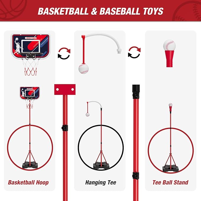 4 in 1 Kids Basketball Hoop and Tball Set for Toddlers 3-5, Adjustable Hanging Tee Ball Stand with Automatic Baseball Pitching Machine, Indoor Outdoor Sport Toys Birthday for Boys