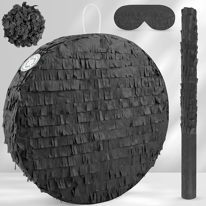 Black Round Pinata with Stick Blindfold and Confetti DIY Blank Pinata for Adults Kids Birthday Party Supplies Christmas Carnivals Decorations
