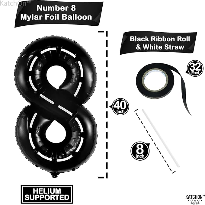 KatchOn, Giant Number 8 Check Balloon - 40 Inch | 8 Construction Balloon Decor | 8th Road Birthday Decorations | Number 8 Road Balloons for 8th Birthday Racing Decorations Boy