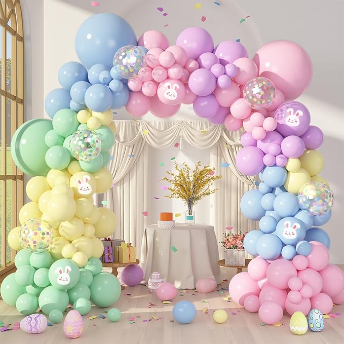 Amandir 153pcs Easter Balloon Arch Garland Kit, Different Sizes 18 12 10 5 inch Pink Blue Green Latex Rabbit Print Confetti Pastel Balloons for Spring Wedding Rainbow Birthday Party Decorations