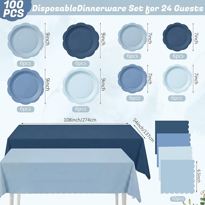 LemonRoad 100 Pcs Dusty Blue Paper Plates and Napkins and Plastic Tablecloth Set, Gradient Blue Disposable Dinner and Dessert Plates Tableware for Birthday Party Wedding Supplies Decoration