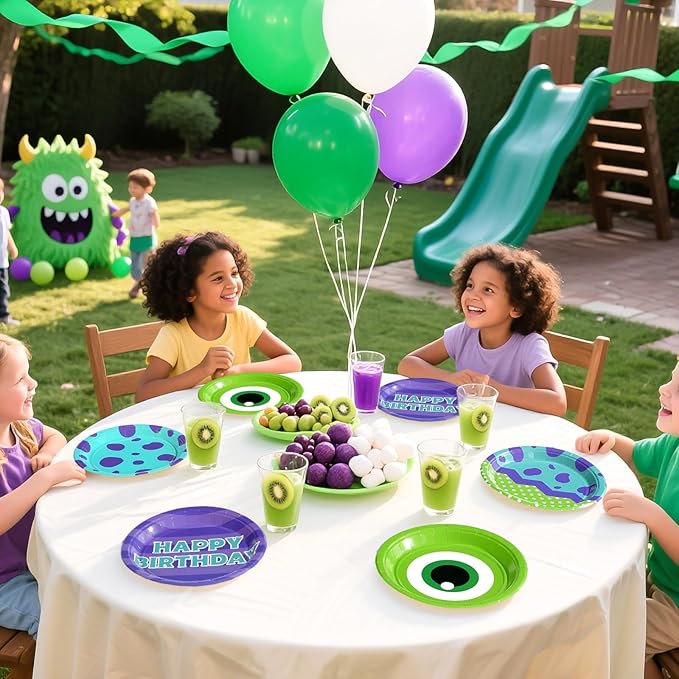 Grencian 60Pcs Monster Birthday Party Paper Plates -Monster Birthday Party Supplies 9" Disposable Green and Purple Cartoon Paper Plates for Monster Theme Par-ty Decorations