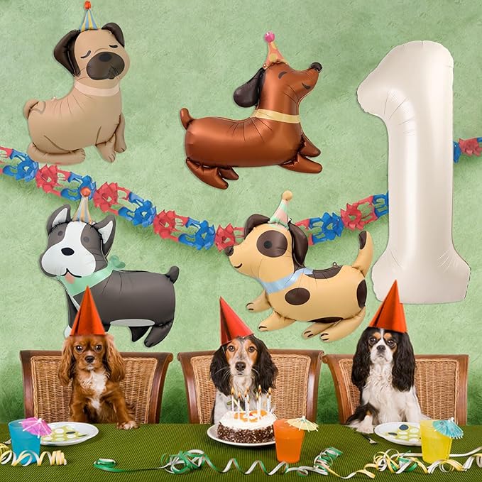 Animal Dog Balloons Puppy Balloon 40 Inch Cream White Number 1 Balloons for Dog 1st Birthday Decorations Dogs Birthday Party Supplies