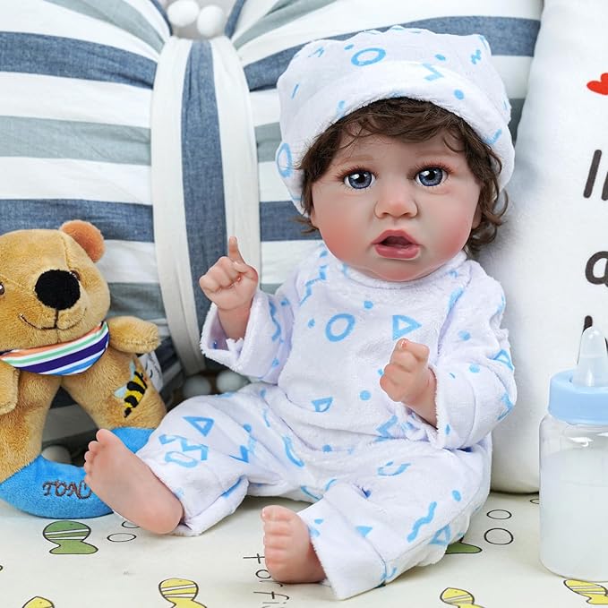 BABESIDE 8 Pcs Baby Doll Clothes Set with Bassinet for 8-10-12 Inch Dolls, Cute Baby Doll Clothes and Accessories Set for Realistic Babydolls Boy, Blue