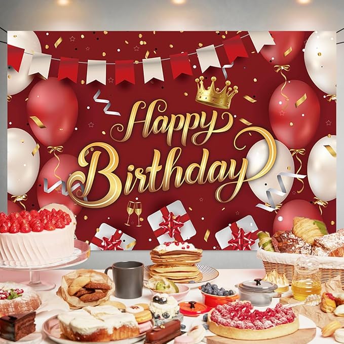 Red and Gold Birthday Party Backdrop Red Gold Crown Balloon Happy Birthday Banner Photography Background for Home Decorations Party Supplies 70.8 x 47.2 Inch