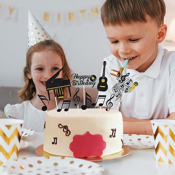 Hooqict 10Pcs Music Cake Decorations Set with Piano, Guitar, Music Notes, Happy Birthday Cake Toppers & Cupcake Toppers for Musician Birthday Party Decorations Supplies