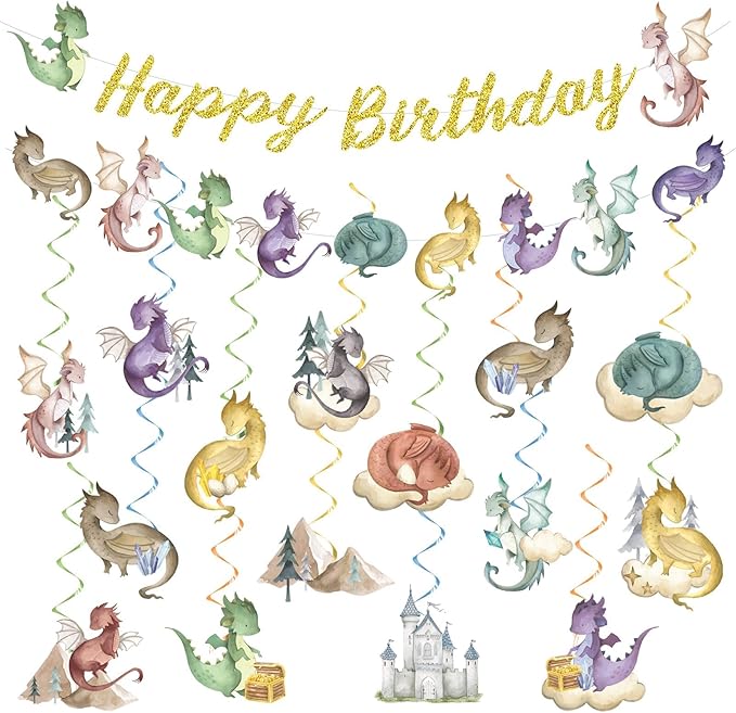 32Pcs Dragon Birthday Party Decorations Watercolor Magic Dragon Banner Hanging Swirl Fantasy Birthday Party Supplies Dinosaur Baby Shower Cutout Banner for Kids Decor