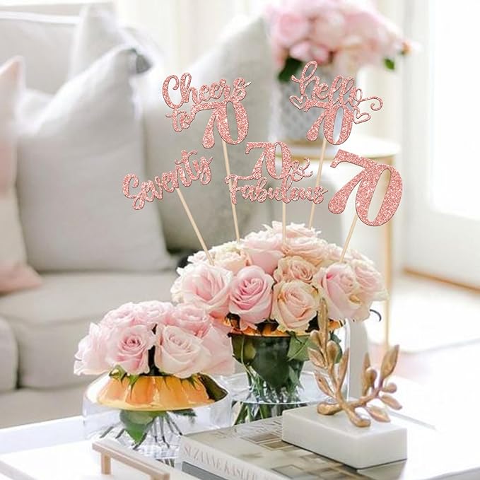 15PCS Happy 70th Birthday Centerpiece Sticks Seventy Hello 70 Cheers to 70 Table Flower Centerpieces Sticks 70 Fabulous Floral Decorations for Happy 70th Birthday Party Centerpieces Supplies Rose Gold