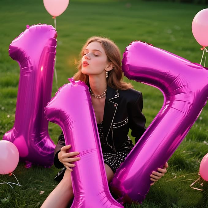 40 Inch Rose Purple Large Balloon Number 7 Balloon,Jumbo Mylar Foil Helium Balloon for 7 17 27 37 47 57 Birthday Digital Balloons for Birthday Party,Wedding Anniversary Party Decorations