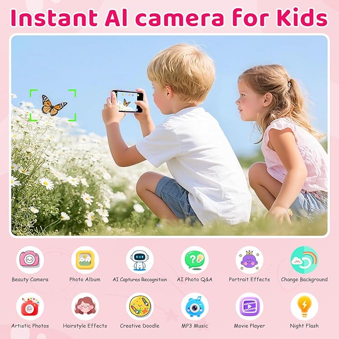 Kids Smart AI Learning Camera, 4.0'' Educational AI Toy Camera with Photo Recognition Knowledge Encyclopedia for Toddler Boys and Girls 3+ Christmas Birthday School Gift (Pink)