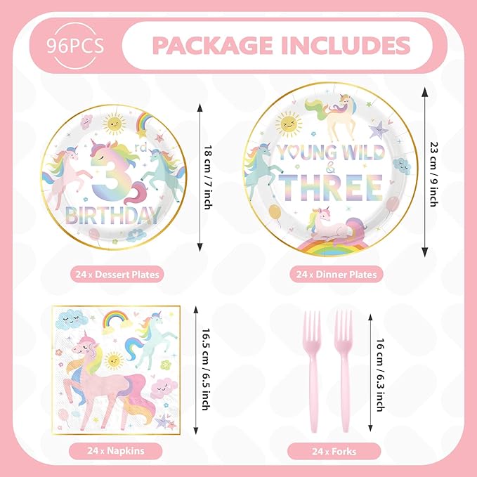 96 Pcs Magical Pastel Unicorn 3rd Birthday Party Supplies Young Wild and Three Plates and Napkins Disposable Rainbow Unicorn Tableware Set for Girls 3 Years Old Birthday Party Decorations Serves 24