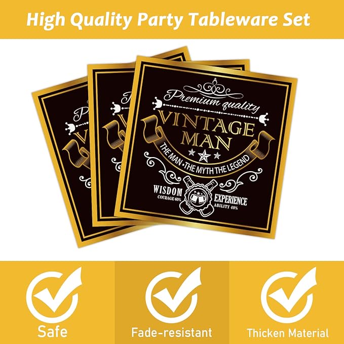 gisgfim 96 Pcs Vintage Man Party Supplies Paper Plates Napkins Vintage Theme Party Birthday Decorations Favors for Black Gold Serves 24