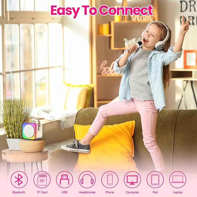 Mini Karaoke Machine with 2 Wireless Microphones, Birthday Gifts for Kids, Adults, Girls Boys Birthday Easter Toys, Age 3-12+ Year Olds, Portable Bluetooth Speaker, 1 Bag, for Singing Party (White)